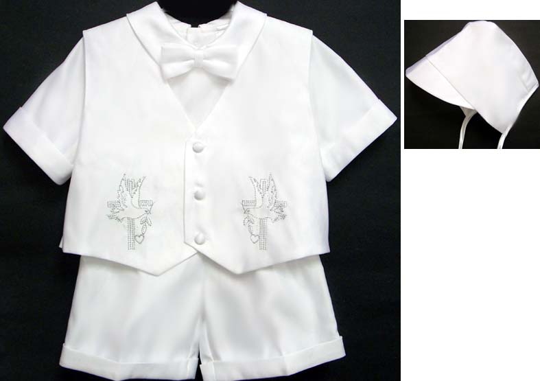 Boys 4Pc  Christening SHORT Set  Embroidered - Silver (S-XL)