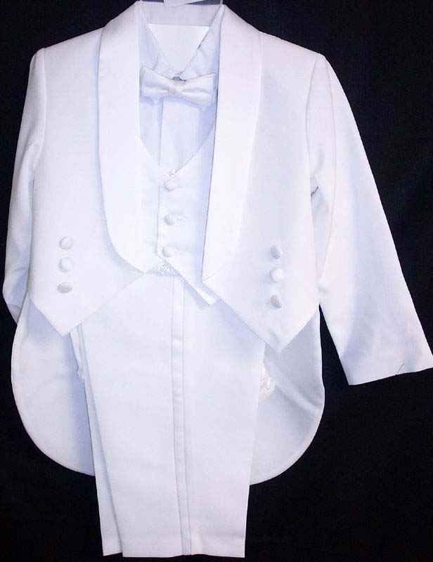 5Pc Boys Vested Tuxedo  With Tail -  White. Sizes: 4-7  ( # 116W)