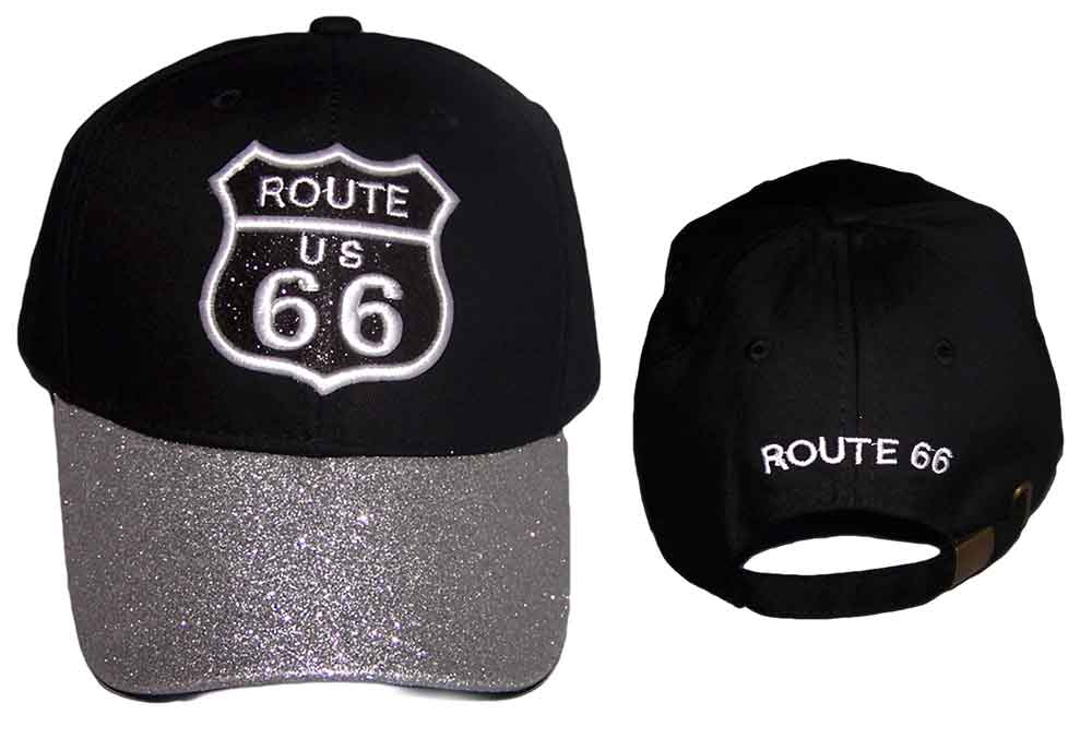 ROUTE 66 Embroidered Baseball  Caps With Glitter Silver  Visor