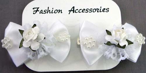 HAIR ACCESSORIES 2Pc White Mini HAIRbows With Flower, Lace &Beads