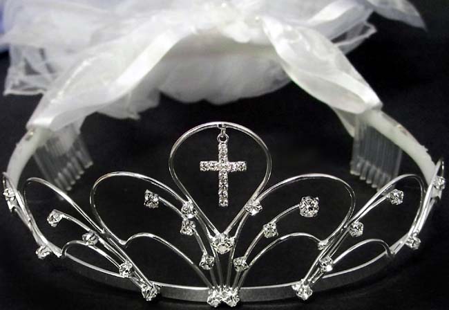 White Veil With Rhinestones TIARA With Cross  ( # C7258C)