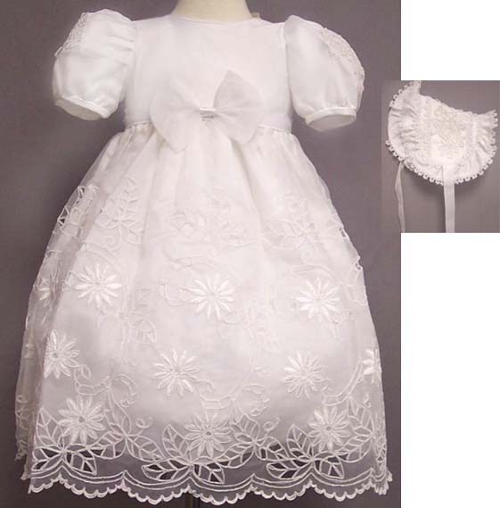 2Pc Christening DRESS With Cutwork Embroidery (Sizes: 0-3)