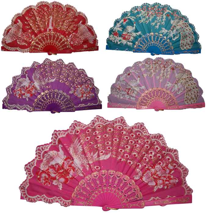 Spanish Party Dance Hand Folding FANs Peacocks w/ Glitter