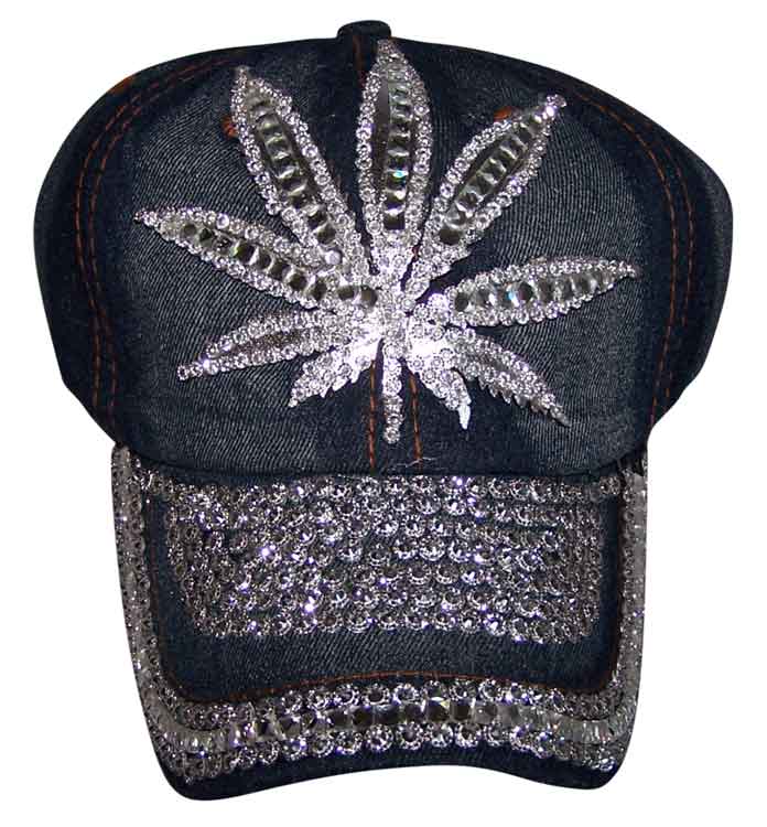 Marijuana Weed  Rhinestones Blue DENIM  Baseball  Caps
