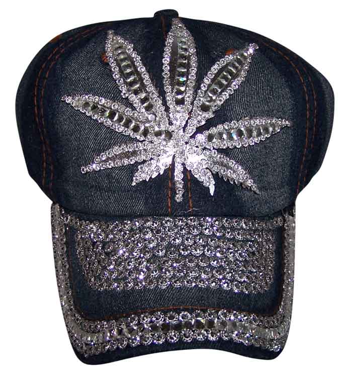 Marijuana Weed  Rhinestones Blue Denim  Baseball  CAPS