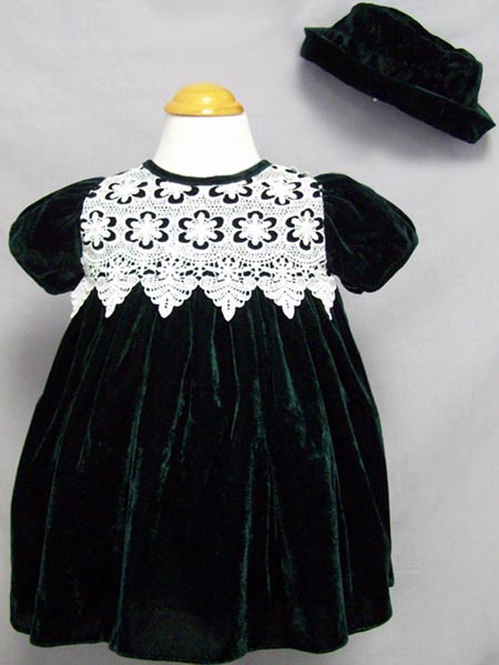 Girls Hunter Green Velvet DRESS & White Lace With Hat