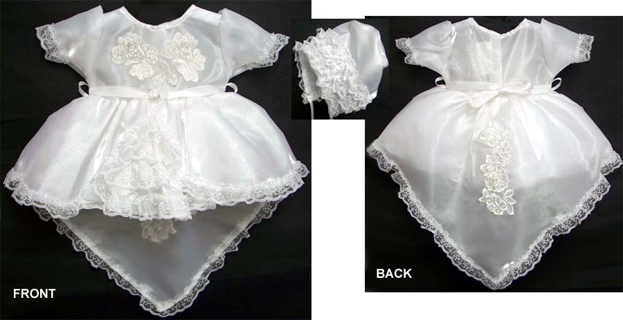 ''Basha'' Christening Dress In Crystal Satin - Sizes: 6-24 Mos.