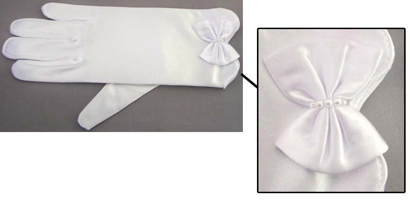 Womens White Satin GLOVES With Bow & Pearls ( # 2223-2BL)