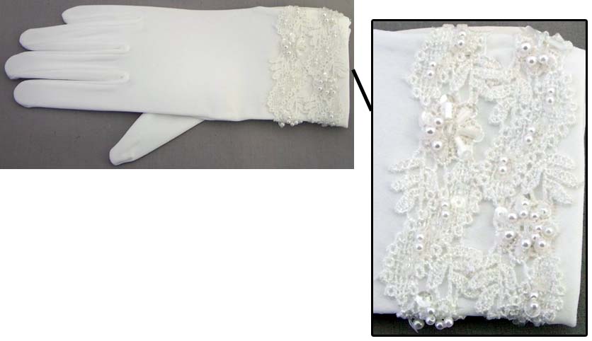 Womens  White GLOVES With Lace & Pearls ( # G299Y2W)