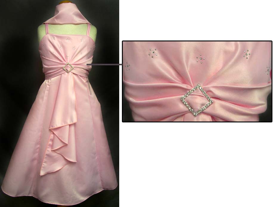 Girls Sleeveless Party DRESS With Rhinestones & Scarf - Pink