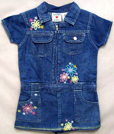 ''Young Hearts''  Girls Embroidered Blue DENIM Romper-Short  (4-6X)