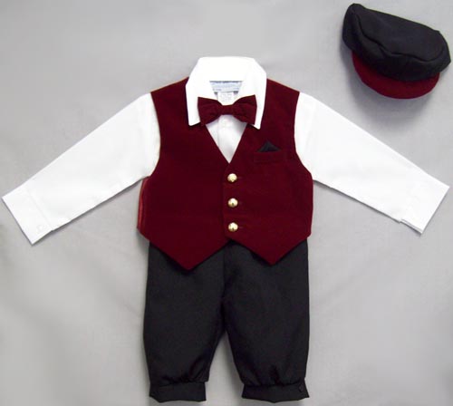 Boys 5Pc Knicker Set In VELVET - Burgundy  (Sizes: 6-24 Mos)