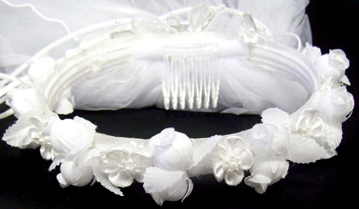 White Veil Headpiece With Flowers & BEADS