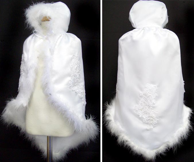 Christening Hooded Cape   With Fur -  White  SATIN (3-24 Mos)