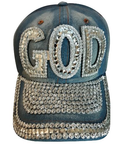 GOD Jewelled & Rhinestones Blue Denim Baseball Caps For ADULTs