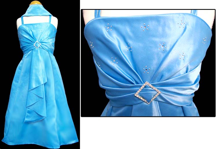 Girls Sleeveless Party Dress With Rhinestones & SCARF  - Aqua