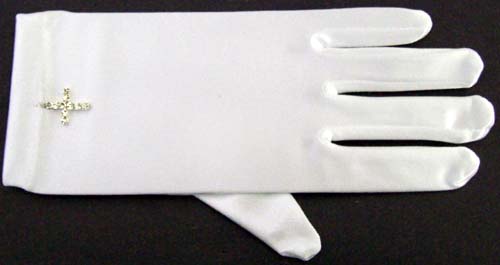 Girls White Satin GLOVES With Rhinestones Cross - Wrist Length