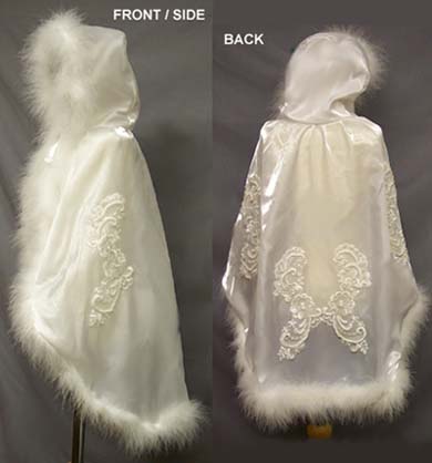 Hooded Christening Cape  With Fur -  White Crystal Satin