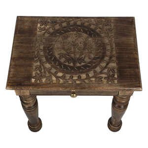 Wooden Side end Table Square Tree of Life Carved