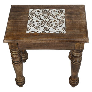 Wooden Side end Table Square White FLOWERS Carved Drawer