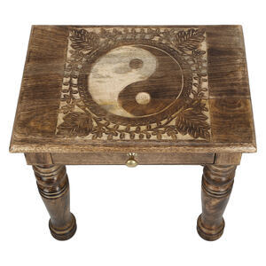 Wooden Side end Table Square yin yang Carved Drawer