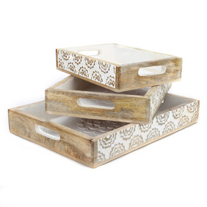 Rustic Wood Tray set of 3 torched nesting hand carved set white