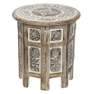 Small Rustic Wood Table Round White Side end Carved Indian Coffee