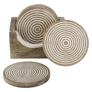 Wooden Coaster with Stand Rustic, 5 Inch, White -Set of 6