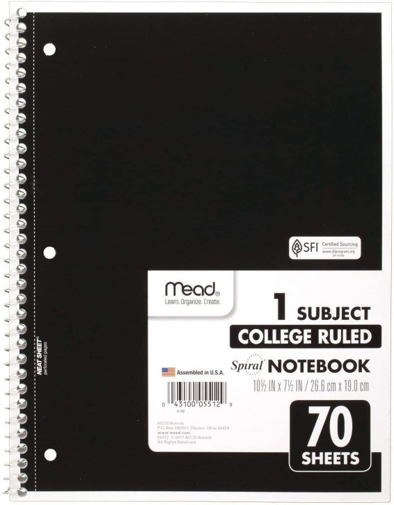 Mead Spiral NOTEBOOKs, 1 Subject, College Ruled, 70 Sheets