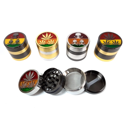 40mm 4-Part Rasta Leaf Skull Top Metal Tobacco Grinder