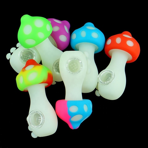 4.25'' Mushroom Style Silicone Pipe w Glass Bowl Glow in the Dark