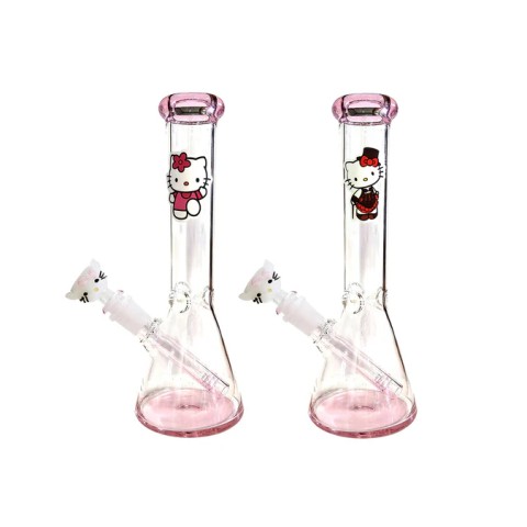 10'' Pink Clear GLASS Water PIPE w/ Cat Style GLASS on GLASS Bowl