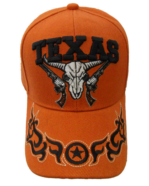Texas Longhorn SKULL & Double Pistols Cap - Burnt Orange