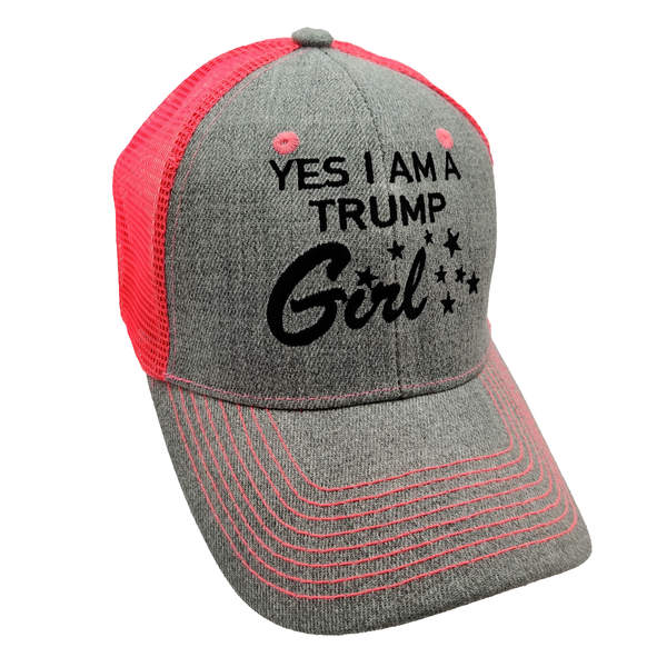 Yes I Am A Trump Girl Trucker HAT - Heather Gray/Neon Pink