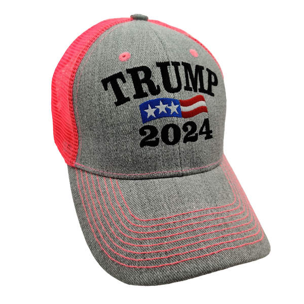 Trump 2024 Trucker HAT - Heather Gray/Neon Pink