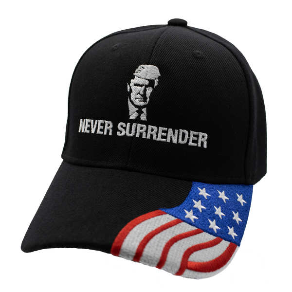 Trump Mug Shot Never Surrender w/ FLAG Bill Cap - Black