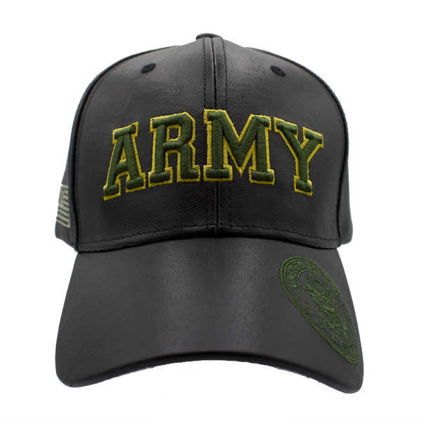 Army Block Letter w/ Emblem PU Leather Cap - Black