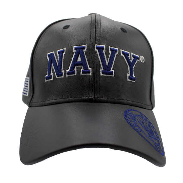 Navy Block Letter w/ Emblem PU LEATHER Cap - Black