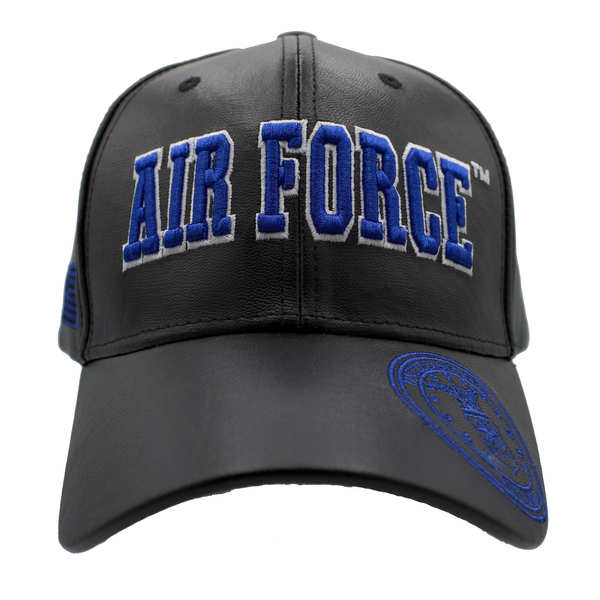 Air Force Block Letter w/ Emblem PU LEATHER Cap - Black