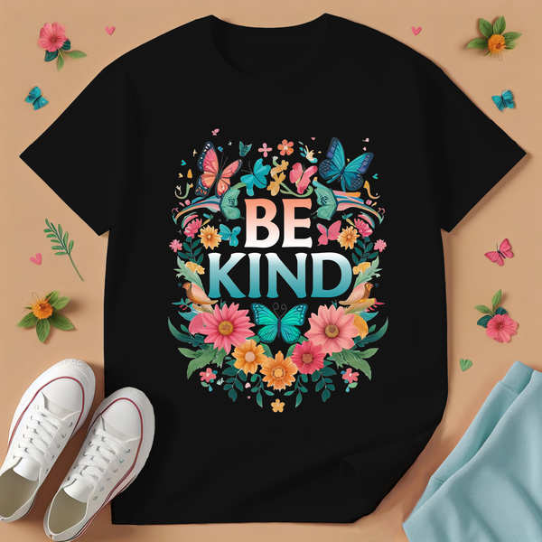 Be Kind Butterfly & FLOWERS T-Shirt - Black