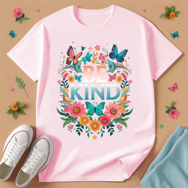 Be Kind Butterfly & FLOWERS T-Shirt - Pink