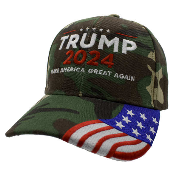 NEW Trump 2024 MAGA w/ Flag Bill Cap - Green Camo