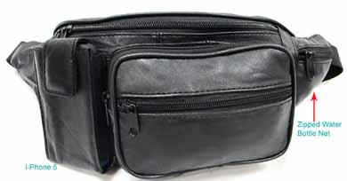 5 Pockets Genuine Soft LEATHER Fanny Pack Water Bottle Net BLACK