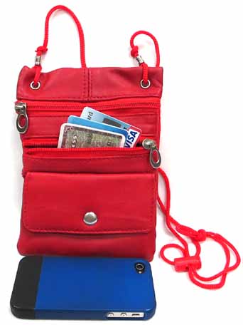 LEATHER Travel Neck Purse Slim Light Hold Passport, Phone ID- RED