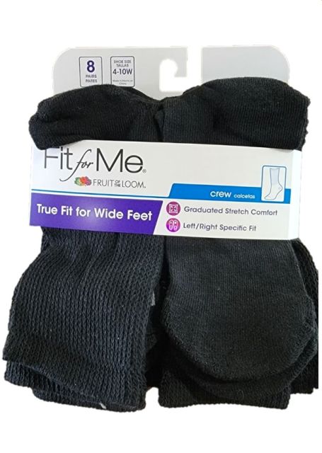 Fruit Of The Loom Fit For Me 8 PK Crew SOCKS Black - Size 4-10W