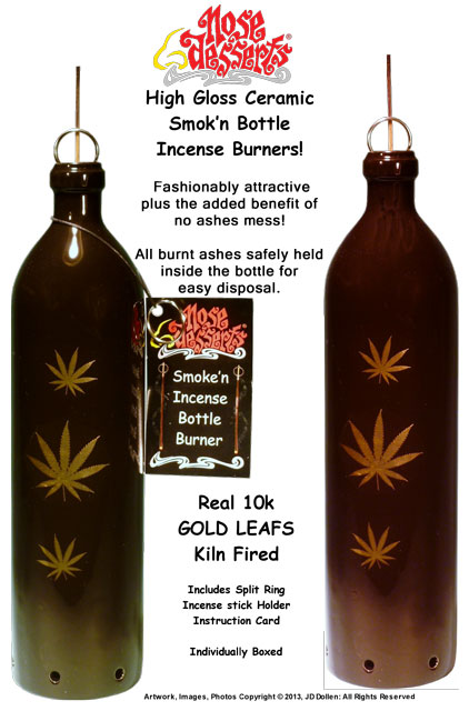 Bright GOLD-Tone Marijuana Leafs Smoking Bottle Incense Burner