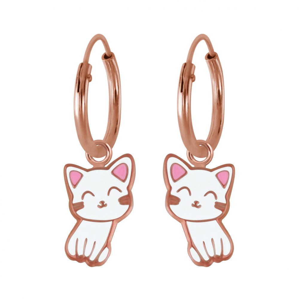 Silver Cat Charm Hoop Earrings