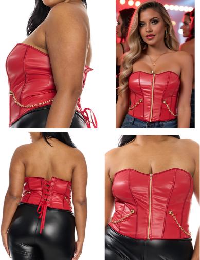 Women's Plus Shapewear Red Bustier P/U Lace-Up with Chain