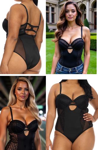 Women's Plus Shapewear Black Bodysuit Galloon Lace and Mesh