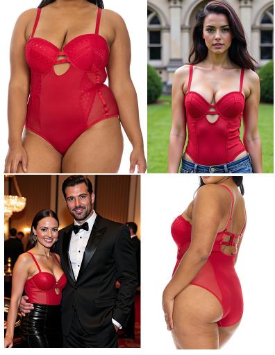 Women's Plus Shapewear Red Bodysuit Micro Galoon Lace & Mesh